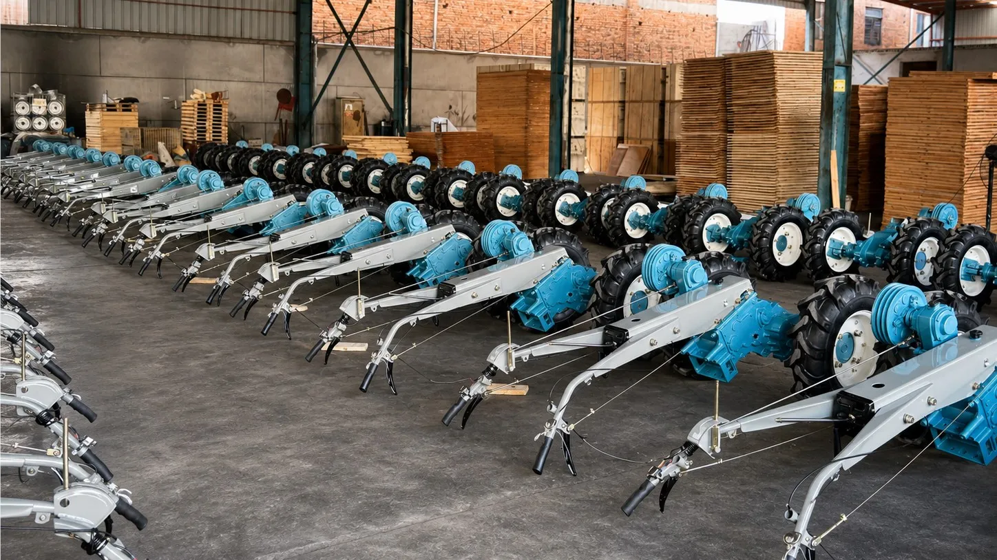 Rows of finished power tillers with blue gearboxes, handlebars and lugged tyres lined up on a factory floor beside stacked wooden crates