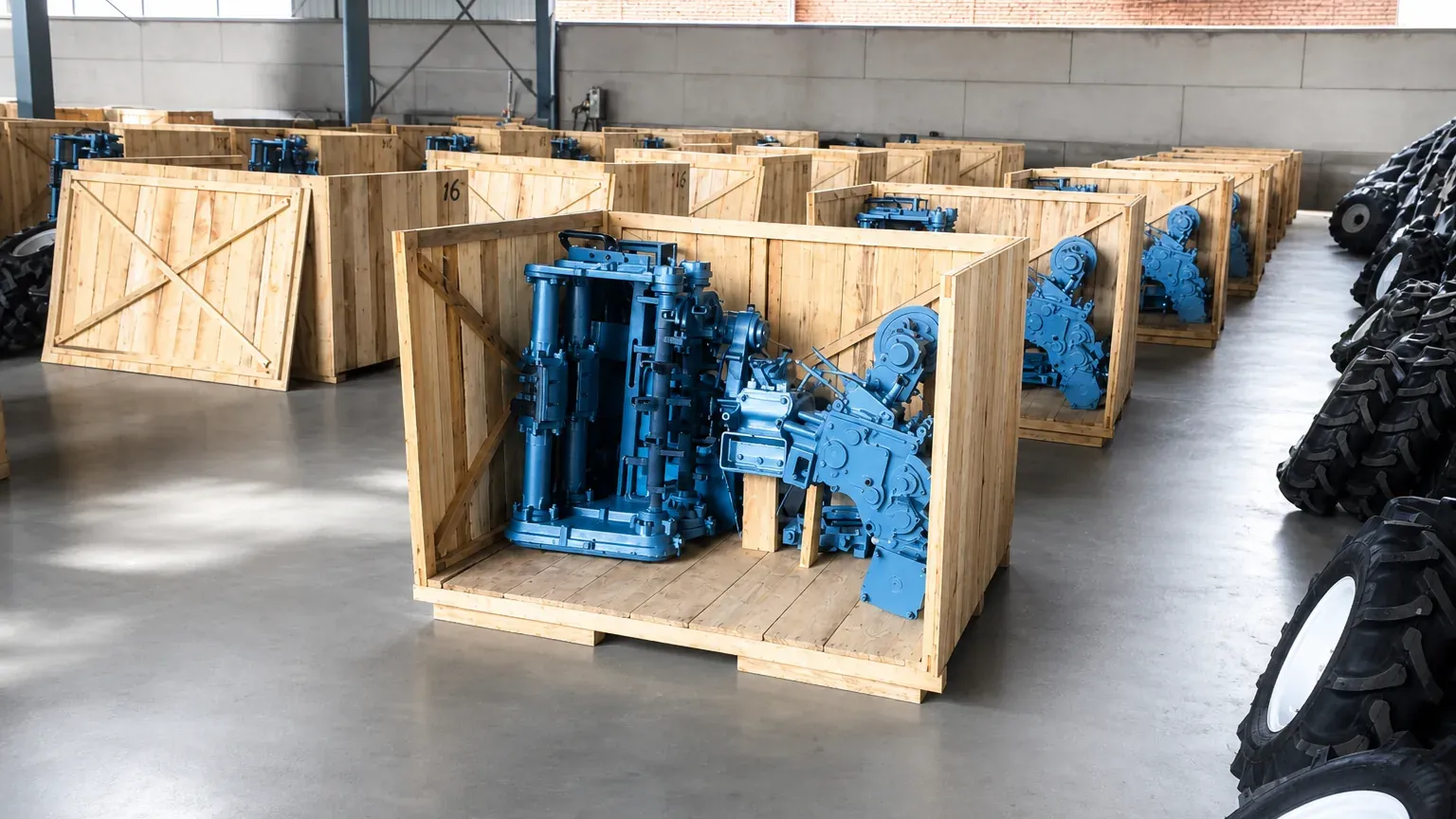Rows of blue power tiller gearbox and transmission assemblies packed inside open wooden export crates on a factory floor, with lugged tyres stacked alongside